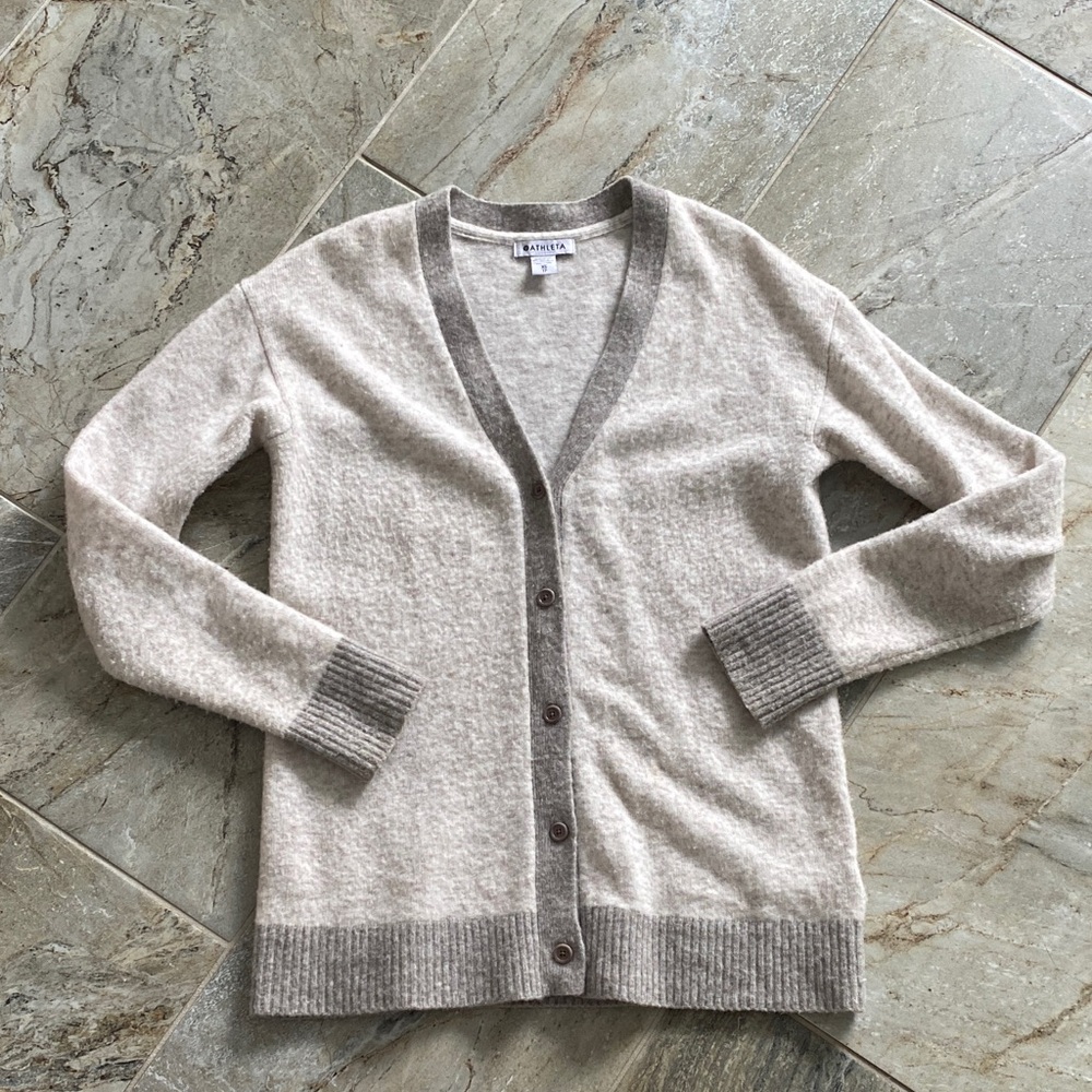 Athleta Cream and Gray V-Neck Cardigan